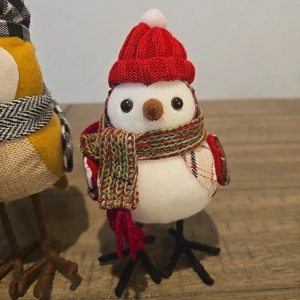 Lot Of 3 Bird Figures Winter Plaid Fabric Bird w/Hats Scarves Felt Christmas
